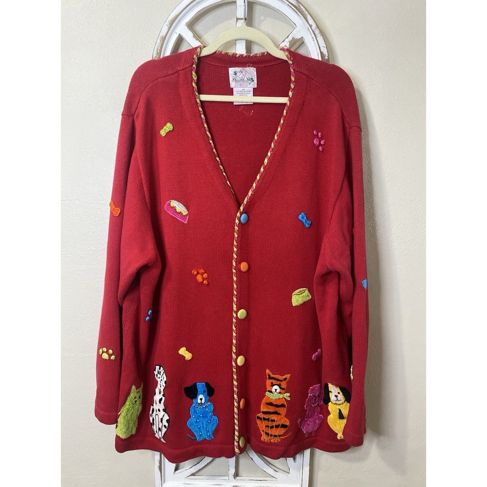 Vintage Quacker Factory Dog Lover's Button Down Whip Stitch Cardigan 2xl